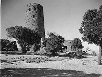DESERT VIEW WATCHTOWER FROM THE EAST. CIRCA 1933. FRED HARVEY CO. GRCA 22668. 