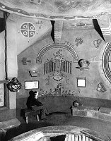 DESERT VIEW WATCHTOWER MURAL WITH COLTER'S COLOR SCHEME NOTATION WRITTEN ONTO THE PHOTOGRAPH. GRCA 15900. CIRCA 1932. FRED HARVEY CO.