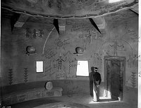 D.V. WATCHTOWER MURAL (A) WITH (B) WITHOUT DECORATOR COLTER'S DESIGN NOTATION. CIRCA 1932. FRED HARVEY CO. GRCA 15900