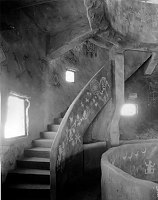 DESERT VIEW WATCHTOWER. INTERIOR PETROGLYPH STAIRWAY TO THE SECOND GALLERY. CIRCA 1932. FRED HARVEY CO. GRCA 15956. 