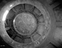 DESERT VIEW WATCHTOWER. INTERIOR LOOKING UP TO DECORATED CEILING FROM HOPI ROOM. CIRCA 1932. FRED HARVEY CO. GRCA 15950. 