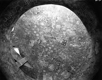DESERT VIEW WATCHTOWER. INTERIOR LOOKING UP TO DETAIL OF ENTIRE PAINTED CEILING. CIRCA 1932. FRED HARVEY CO. GRCA 15951.