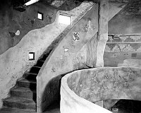 DESERT VIEW WATCHTOWER. INTERIOR 2ND GALLERY AND STAIRS TO UPPER VIEWING ROOM. GRCA 15963. CIRCA 1932. FRED HARVEY CO.