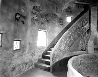 DESERT VIEW WATCHTOWER. INTERIOR STAIRWAY TO SECOND GALLERY. 3 WINDOWS. GRCA 15955. CIRCA 1932. FRED HARVEY CO. 