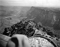 TAKEN FROM WATCHTOWER, KIVA ROOF BELOW, DESERT VIEW & COMANCHE POINTS BEYOND. CIRCA 1932. FRED HARVEY CO. GRCA 22629
