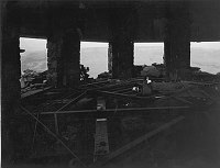 INTERIOR OF DESERT VIEW WATCHTOWER KIVA DURING CONSTRUCTION VIEW TOWARDS WEST. CIRCA 1932. FRED HARVEY CO. GRCA 22631