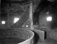 DESERT VIEW WATCHTOWER. INTERIOR FIRST GALLERY PARAPET AND STAIRWAY TO SECOND. CIRCA 1932. FRED HARVEY CO. GRCA 15957
