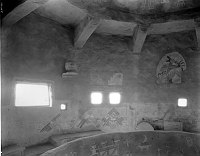 DESERT VIEW WATCHTOWER. DECORATED INTERIOR WALL OF THE FIRST GALLERY. CIRCA 1932. FRED HARVEY CO. GRCA 15960. 