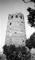 LOOKING UP AT DESERT VIEW WATCHTOWER. ACCUTE ANGLE. BUILDING FORESHORTENED. CIRCA 1932. FRED HARVEY CO. GRCA 22653