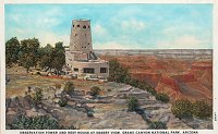 POSTCARD OF WATCHTOWER (ARTIST'S RENDITION) WITH SCENIC VIEW OF CANYON BEYOND. CIRCA 1932. FRED HARVEY CO. GRCA 22656