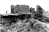 MARY COLTER USED THIS STRUCTURE AS A MODEL FOR DESERT VIEW WATCHTOWER. HOVENWEEP PALACE. RUIN CANYON UT. GRCA 18640 CIRCA 1931 FRED HARVEY CO.