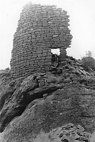 MARY COLTER USED THIS STRUCTURE AS A MODEL FOR THE DESERT VIEW WATCHTOWER. TOWER BUILT ON BOULDER PINNACLE. GRCA 18640C CIRCA 1931 FRED HARVEY CO.
