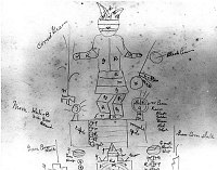 SKETCH BY MARY COLTER OF MURAL FIGURES LATER PAINTED IN DESERT VIEW WATCHTOWER HOPI ROOM. GRCA 15899. CIRCA 1932. FRED HARVEY CO.
