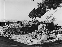 MEN WORKING ON CIRCULAR WATCHTOWER KIVA FOUNDATION. LARGE STONES & CONCRETE.CIRCA 1932, HIRCHBORN