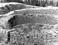 SUN TEMPLE CIRCULAR RUIN WALL IN MESA VERDE NATIONAL PARK (DESIGN STUDIED BY MARY COLTER FOR DESERT VIEW WATCHTOWER) CIRCA 1931. FRED HARVEY CO. 