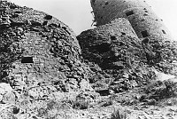 JUNCTION BETWEEN DESERT VIEW WATCHTOWER KIVA (SHOP) & TOWER. FROM CANYON SIDE. CIRCA 1932, HIRCHBORN.