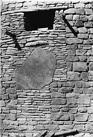 DETAIL OF WATCHTOWER WINDOW & (BELOW) PETROGLYPH PANEL SLAB CEMENTED INTO WALL. CIRCA 1932, HIRCHBORN