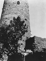 DESERT VIEW WATCHTOWER AND UTILITY BUILDING. FROM CANYON SIDE. CIRCA 1932, HIRCHBORN