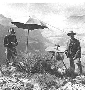 GRCA 20884 - PLANE TABLE STATION ON CAPE ROYAL, KAIBAB PLATEAU, GRAND CANYON,  AZ.  TWO MEN SURVEYING