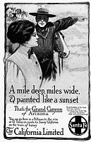 SANTA FE RR MAGAZINE ADVERTISMENT. APPEARED IN HARPERS WEEKLY VOL LVI, NO 2815, 03 DEC 1910 PAGE 28. SHOWS HARVEY TRAIL GUIDE POINTING INTO CANYON WITH WOMAN LOOKING. - A MILE DEEP,  A MILE WIDE & PAINTED LIKE A SUNSET. THAT'S THE GRAND CANYON OF ARIZONA.