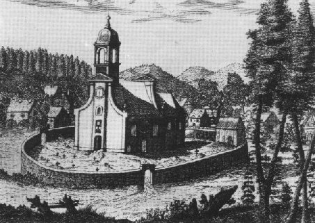 Kirche mit Friedhof 1684, Stich von Alexander Boener