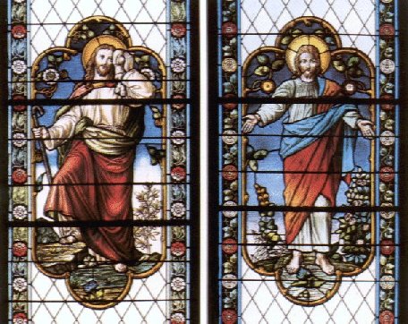 Zwei Jugendstilfenster: Jesus Christus als der gute Hirte und als der rechte Weingrtner