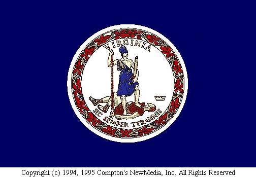Virginia's flag, formally adopted in 1930, actually dates from the American Civil War, having been designed soon after Virginia seceded from the Union in 1861. A deep blue field bears the coat of arms of the state in the center upon a white circle. The state motto, Sic Semper Tyrannis (Thus Ever to Tyrants), is written below the coat of arms and expresses the anti-imperialist feelings prevalent among the colonists of 1776, when the motto came into being. Virginia's flag is unique among the state flags in having a white fringe down the fly edge. (The Colony was adopted in 1607)