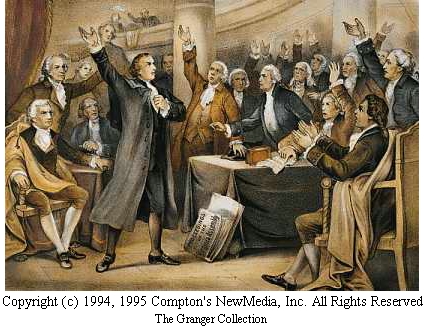 Patrick Henry delivers his great Give me liberty or give me death speech to a convention at Richmond on March 23, 1775, after the governor had suspended the Virginia Assembly.