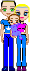 I made this one because I wanted a picture where me and Devon were together. I like how the hair turned out, and Joy's outfit. Isn't it cute? I like the color and the big bright eyes they have. I just had to show the abs that Angy drew on there. I just had to. I hope you guys like it. I love the hair in this one.