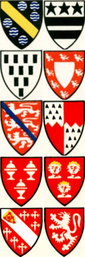 wapens van (van links af, afwaarts gelees) Stourton, LeMoyne, Belvale, Chideock, Fitz Payn, Fitz Warin, Argentine, Fauntleroy, Howard en Mowbray