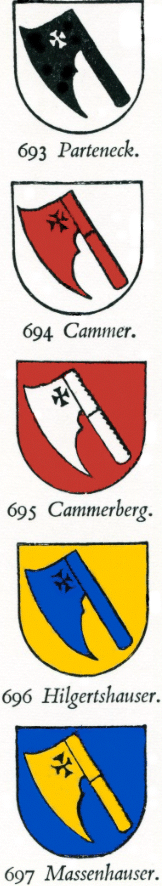 arms of the Parteneck family and four of its branches, differenced by means of changing the colours