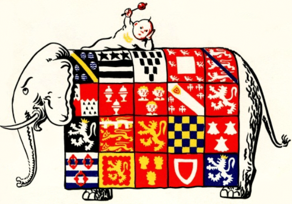 kwarterings van lord Mowbray and Stourton op n olifantkleed vertoon