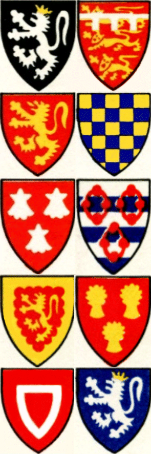 wapens van (van links en van bo) Segrave, Plantaganet van Norfolk, Fitzalan, Warenne, Dacre, Greystoke, Talbot, Cummin, Baliol en Galloway
