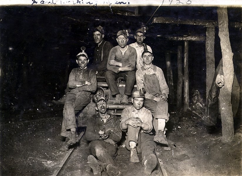 Arban Earl Sigsbee - Front Row, the man on the right (white shirt).  My Great Uncle.  Arban Earl Sigsbee was born 6 Jan 1901, in Earlington, KY, died 14 May 1958, in Cincinnati, OH.  Photo taken in the mines in 1925.