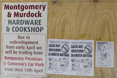 Copies of the poster and leafet put up recently in Ballymena. The shop name, and street details will confirm to any cynic that this was in Ballymena.