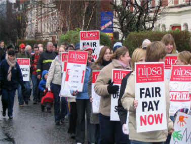 Creche workers on the picket line, QUB, January 2004.