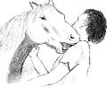 Man and horse mutually grooming