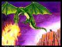 Fire-breathing dragon soaring over cliff with cloaked figure.