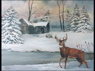 buck at winter cabin