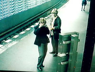 Pam Brown and Jane Zemiro encounter security on the Ubahn,Berlin.2001