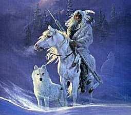 Winter by Hermon Adams ~ Indian on White Horse with Wolves