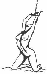 Kneeling woman with hands chained above her head.