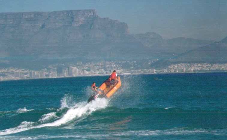 rubber duck cresting waves cape town in the background