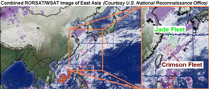 Composite Satellite image of Chinese and British fleets conducting joint maneuvers last month