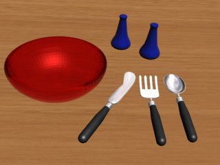 Bowl, salt & pepper shakers and silverware