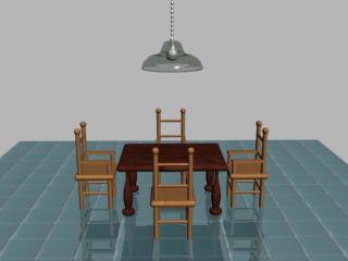 Table, chairs and a light fixture