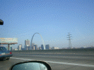 St Louis, and the Gateway Arch in the background.  Scott's rear-view mirror in the foreground.