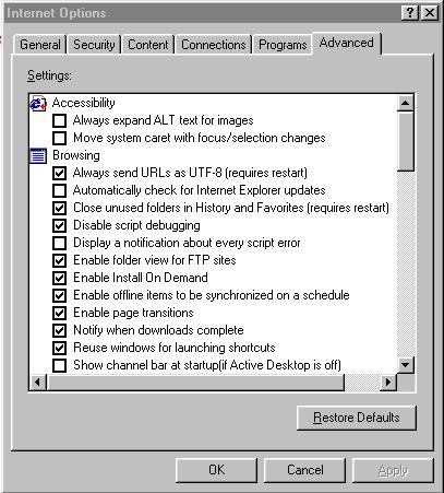 My Internet Options Advanced Tab