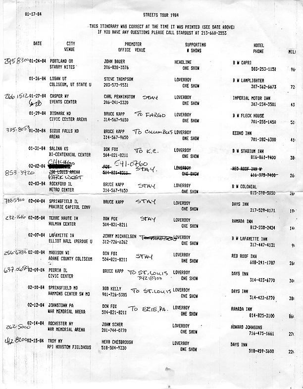 01/24/84- 02/15/84 Tour Schedule