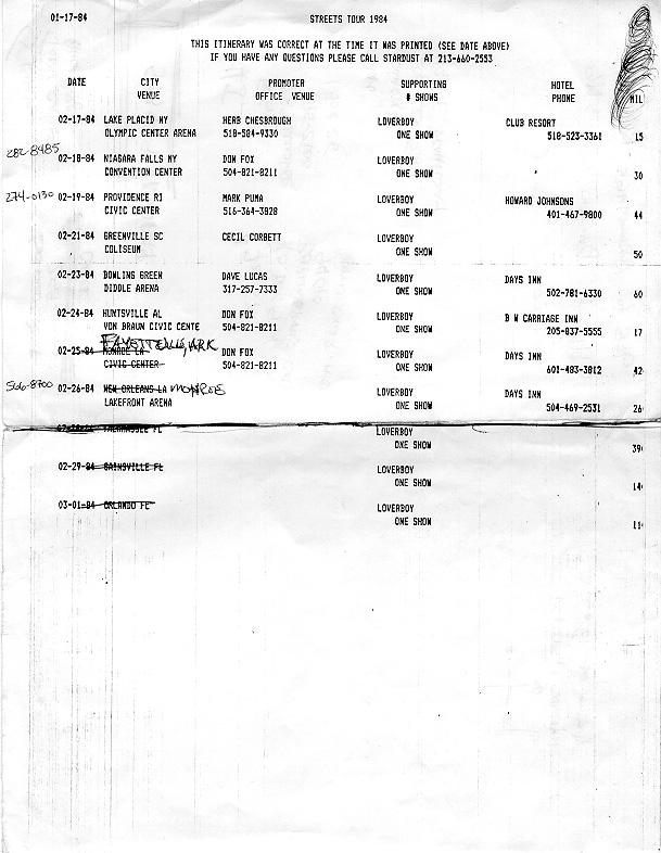 02/17/84 - 03/01/84 Tour Schedule